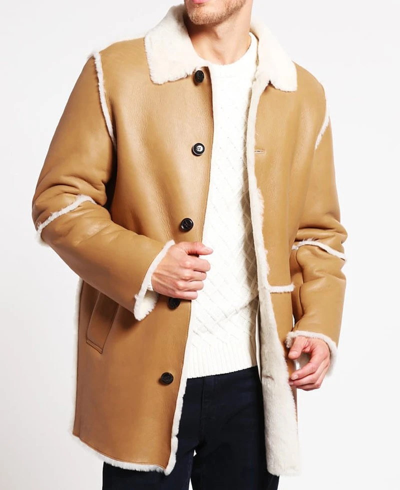 Men's Car Tan Brown Leather Shearling Coat - Image 3