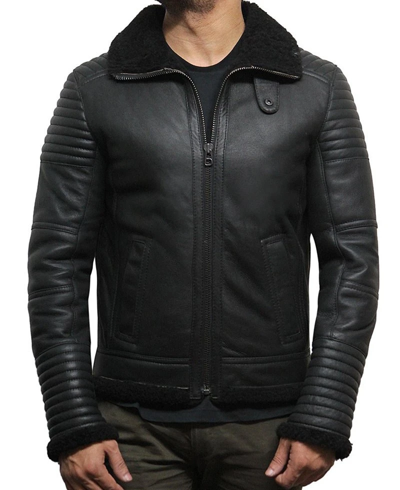 Men's Padded Sleeves Casual Black Leather Sheepskin Jacket