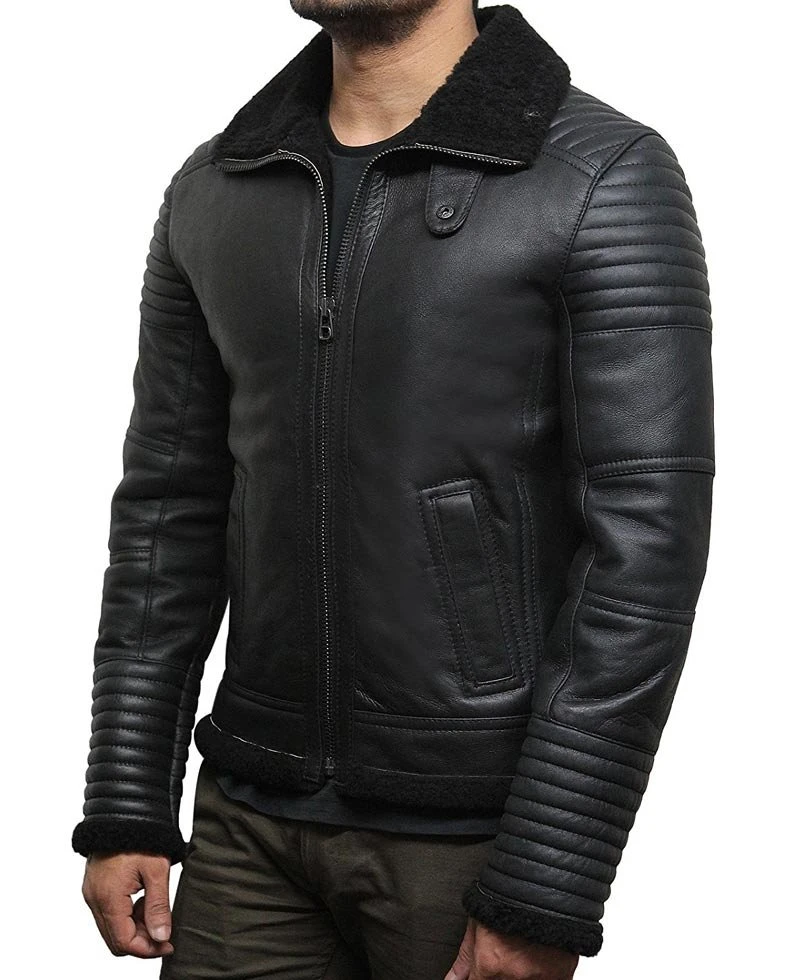 Men's Padded Sleeves Casual Black Leather Sheepskin Jacket - Image 3