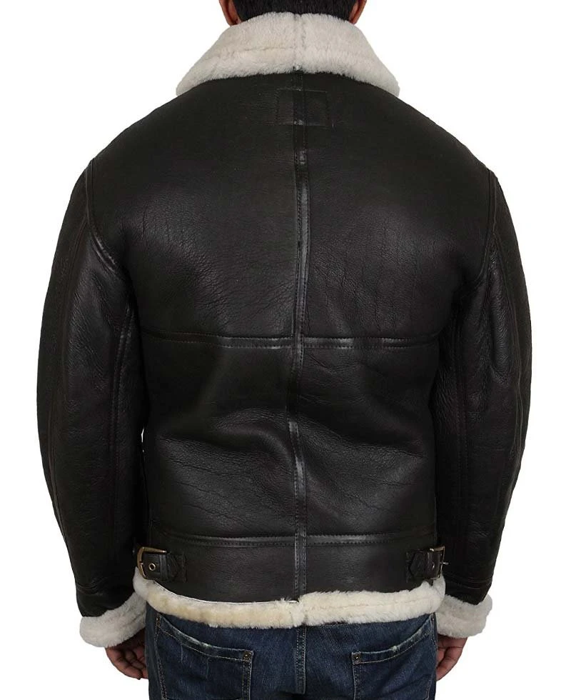 Men's White Shearling Sheepskin Dark Brown Leather Jacket - Image 2
