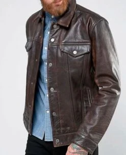 Men's Trucker Rustic Buff Shirt Collar Leather Jacket