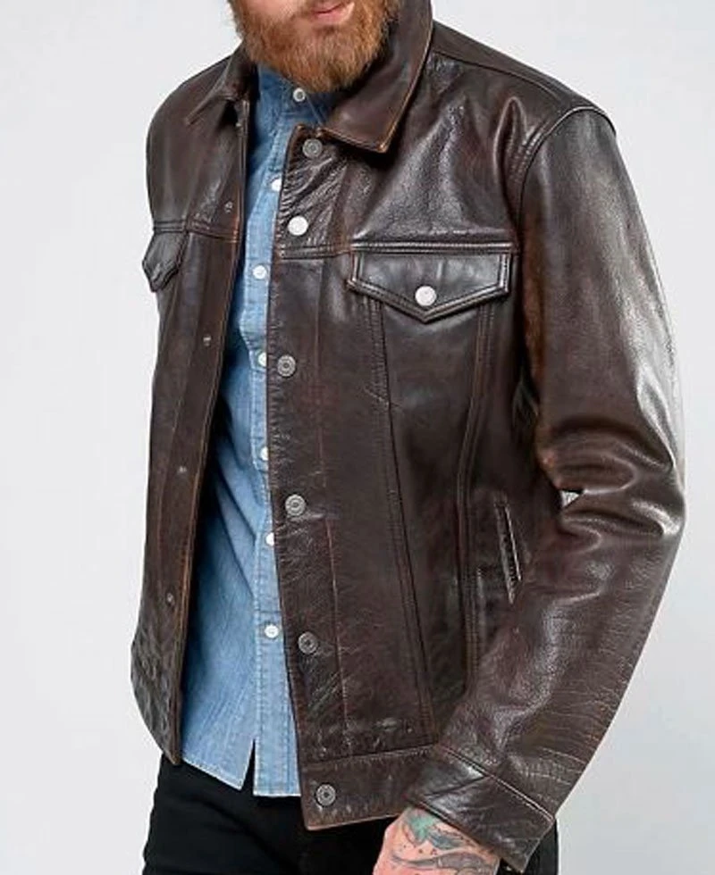 Men's Trucker Rustic Buff Shirt Collar Leather Jacket