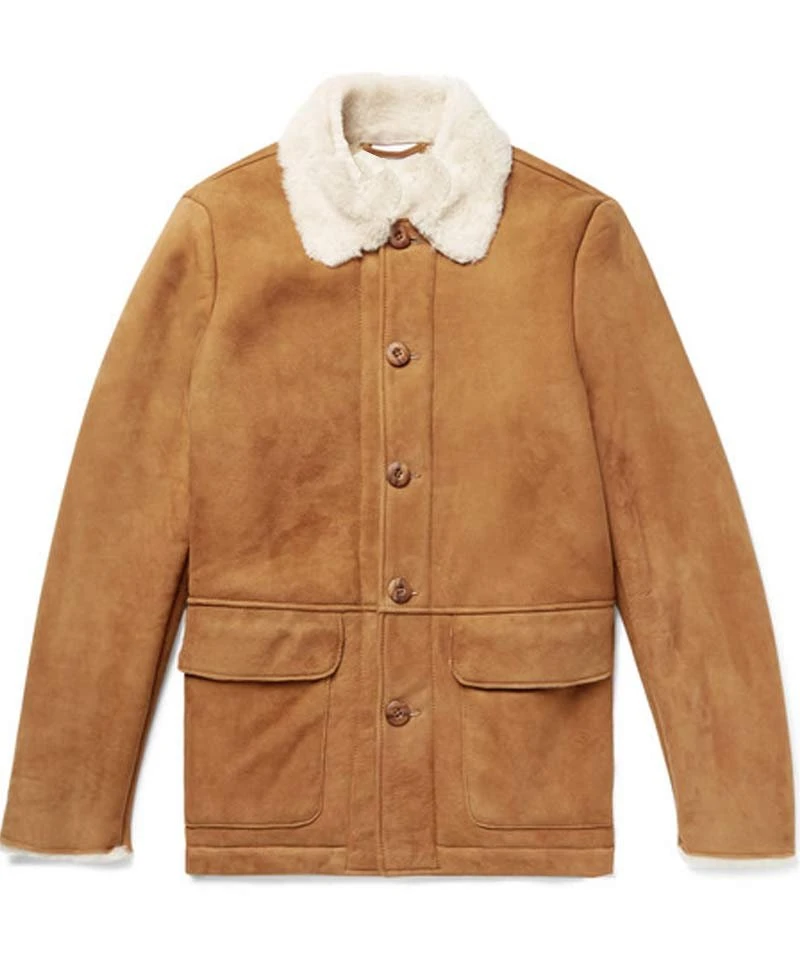 Men's Tan Brown Suede Button Closure Leather Jacket - Image 3