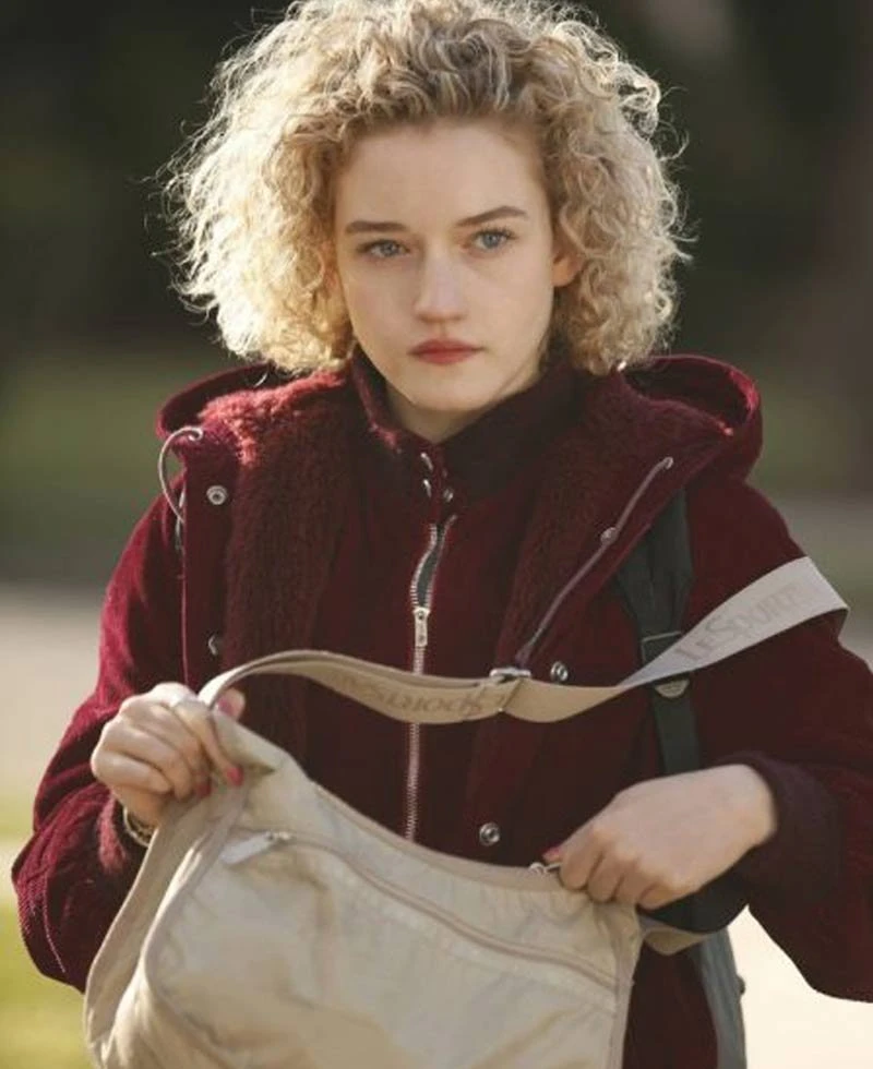 The Americans Julia Garner Red Velvet Jacket With Hood - Image 3