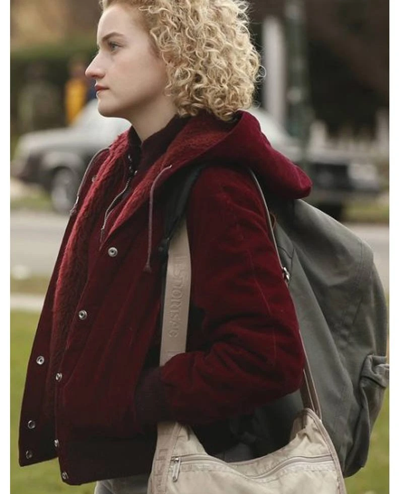 The Americans Julia Garner Red Velvet Jacket With Hood - Image 4