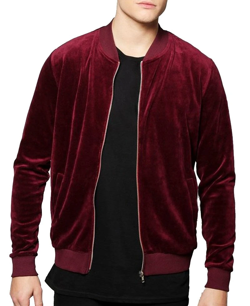 Men's Velour Bomber Burgundy Jacket - Image 2