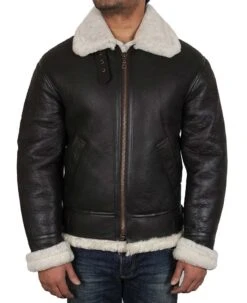 Men's White Shearling Sheepskin Dark Brown Leather Jacket