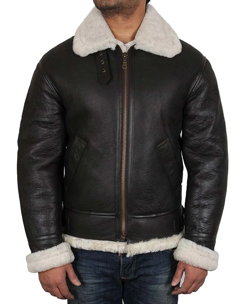 Men's White Shearling Sheepskin Dark Brown Leather Jacket