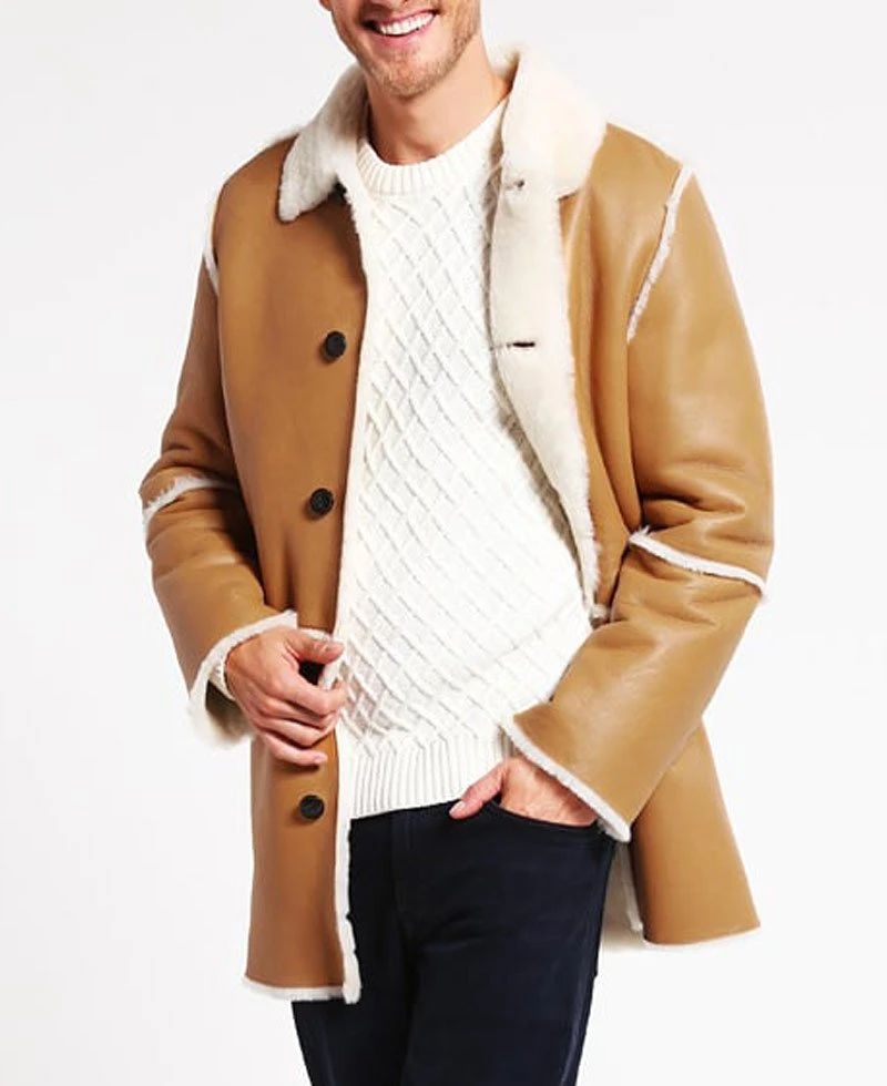 Men's Car Tan Brown Leather Shearling Coat - Image 4