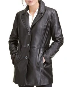 Women's 3 Button Car Black Leather Coat