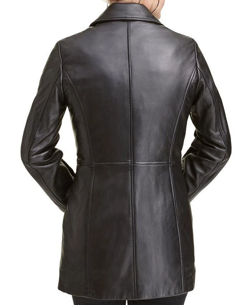 Women's 3 Button Car Black Leather Coat - Image 5