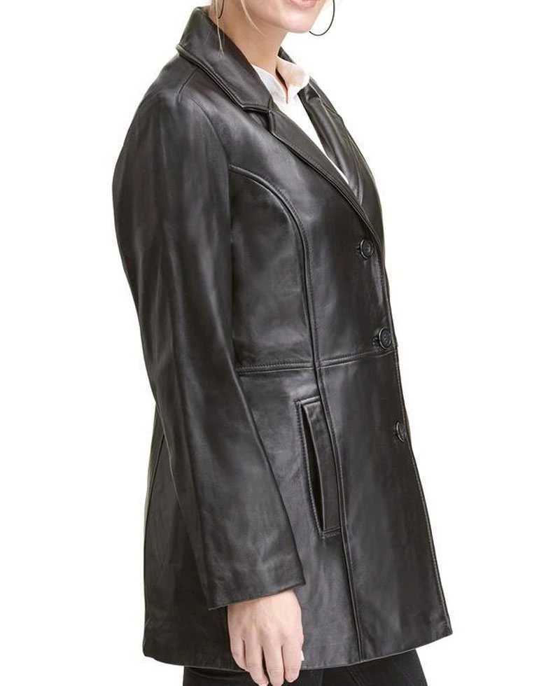 Women's 3 Button Car Black Leather Coat - Image 4