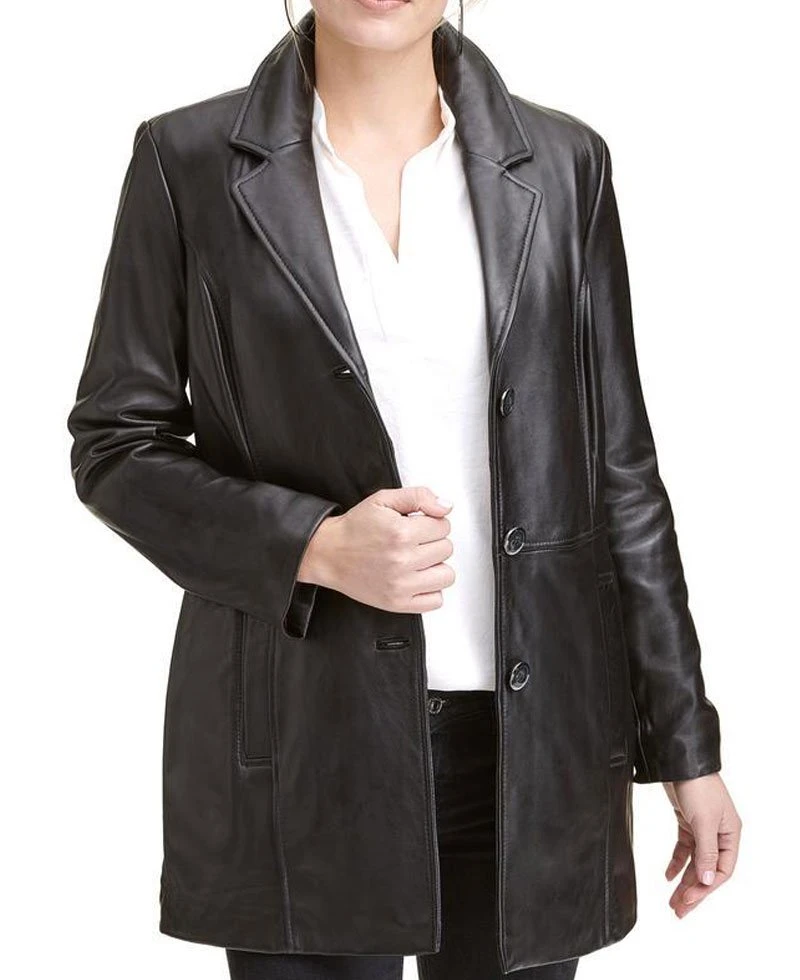 Women's 3 Button Car Black Leather Coat - Image 2