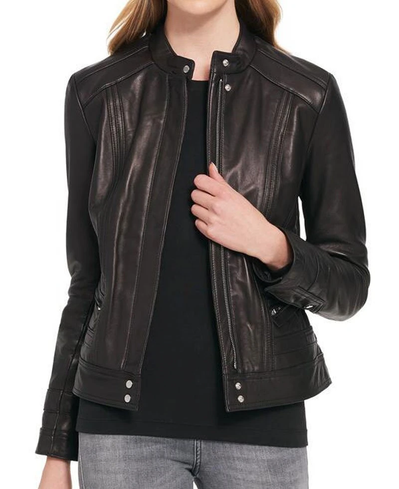 Women's Designer Black Rivet Scuba Leather Jacket - Image 3