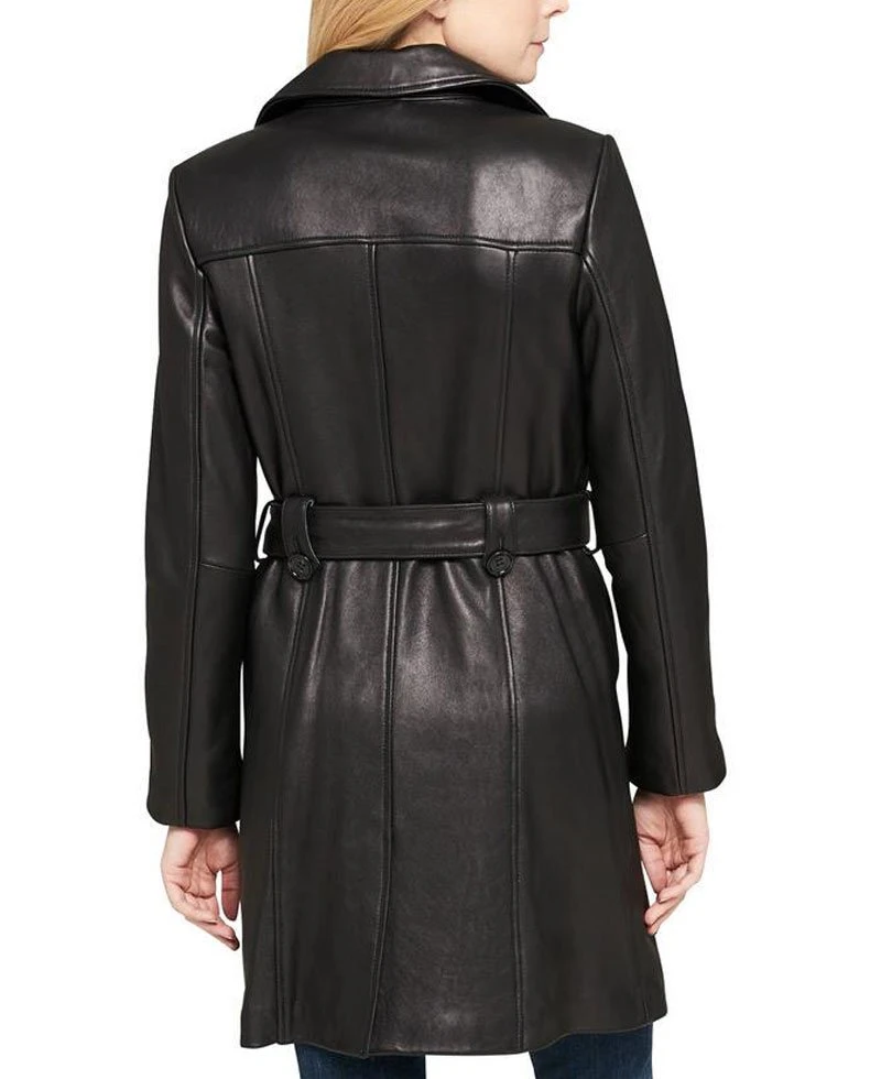 Women's Double Breasted Belted Black Leather Trench Coat - Image 5