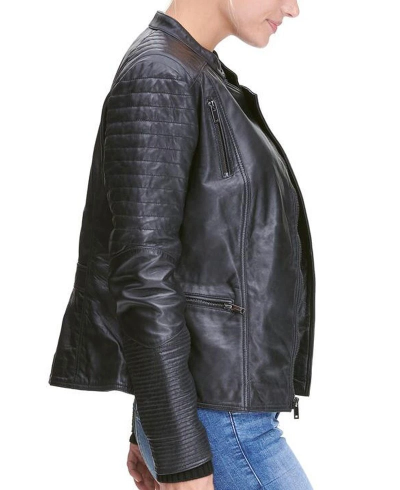 Womens Quilted Design Biker Asymmetrical Black Leather Jacket - Image 4