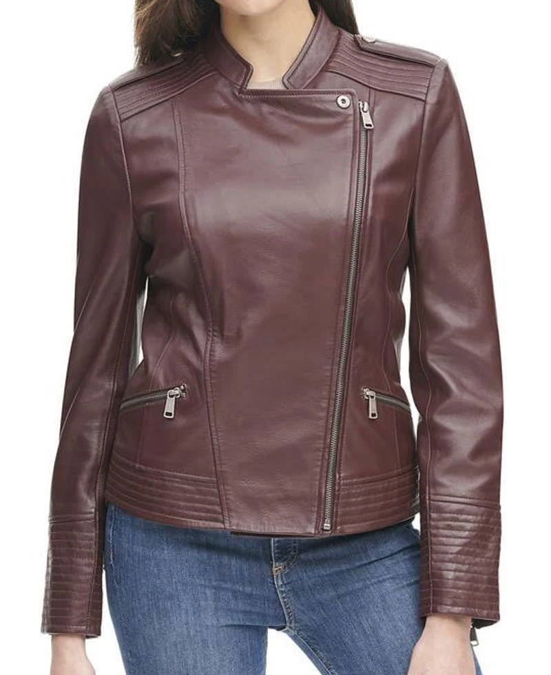 Women's Quilted Design Asymmetrical Burgundy Leather Jacket