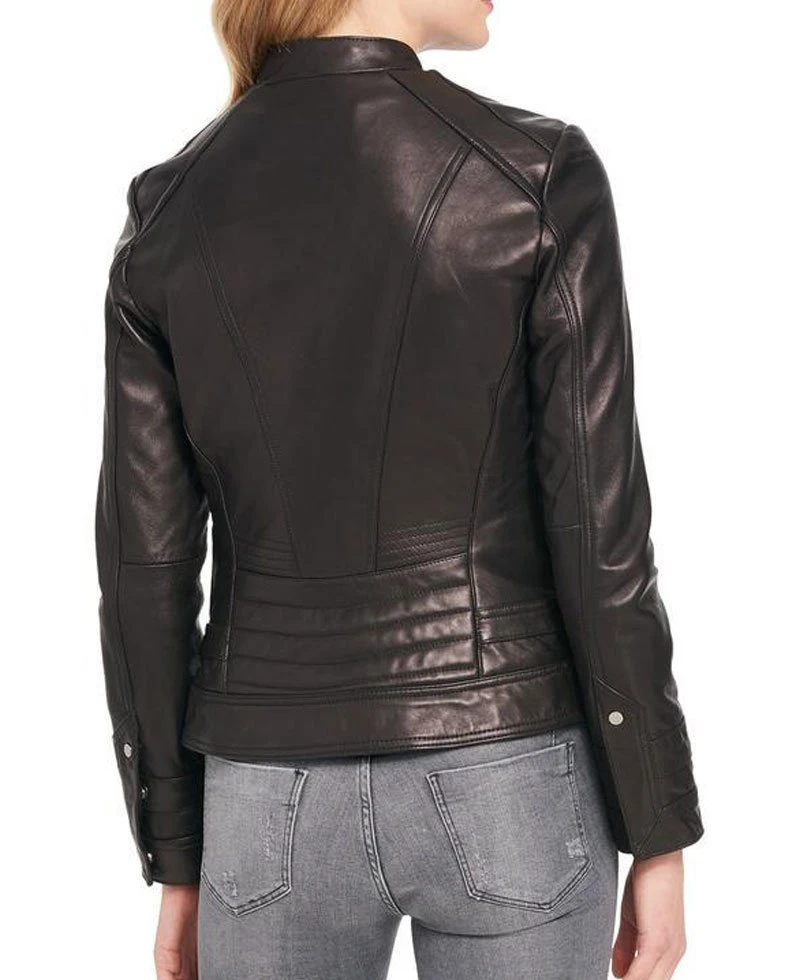 Women's Designer Black Rivet Scuba Leather Jacket - Image 5