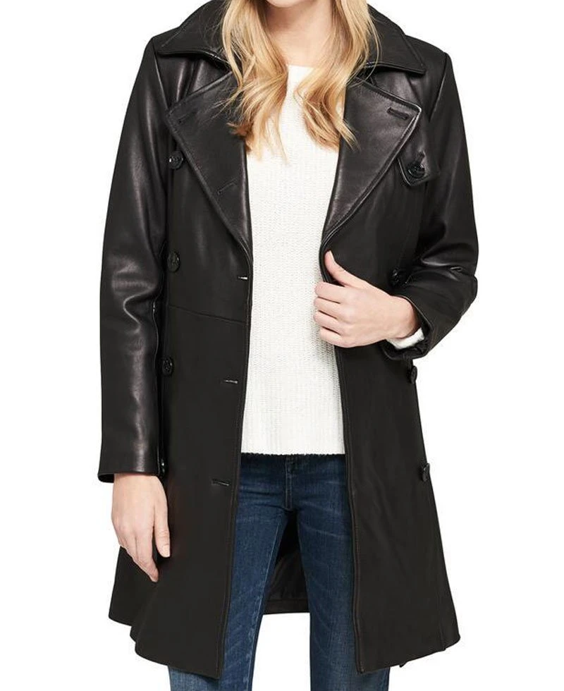 Women's Double Breasted Belted Black Leather Trench Coat - Image 2