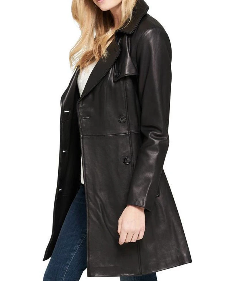 Women's Double Breasted Belted Black Leather Trench Coat - Image 4