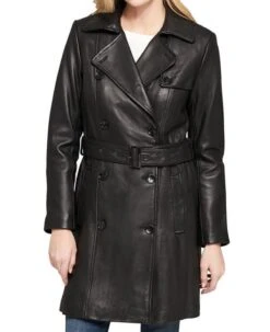 Women's Double Breasted Belted Black Leather Trench Coat