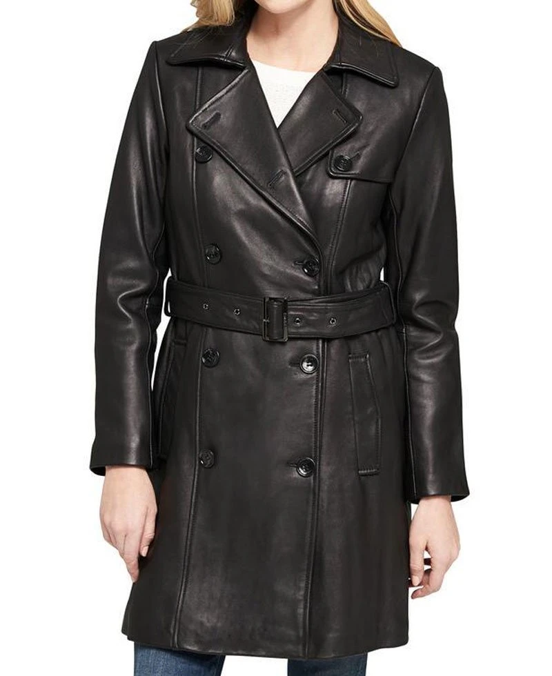 Women's Double Breasted Belted Black Leather Trench Coat