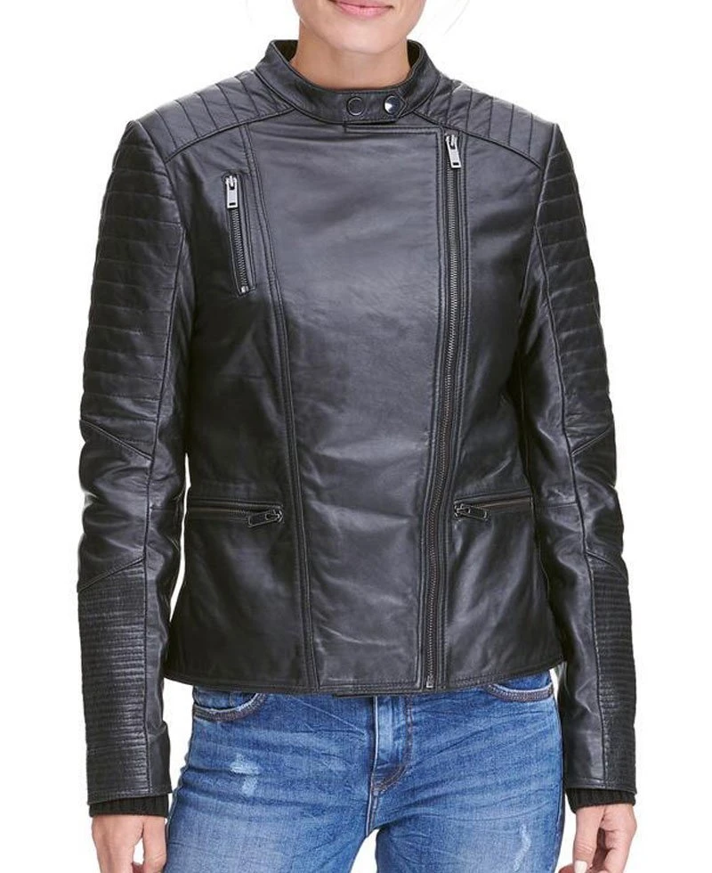 Womens Quilted Design Biker Asymmetrical Black Leather Jacket