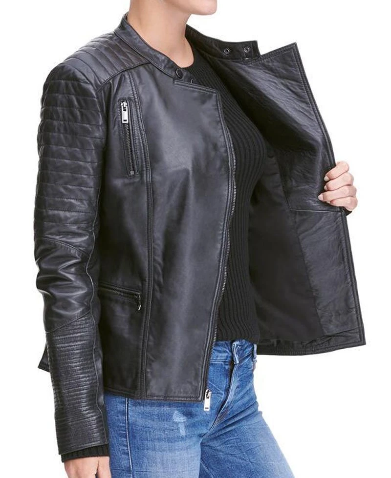 Womens Quilted Design Biker Asymmetrical Black Leather Jacket - Image 3