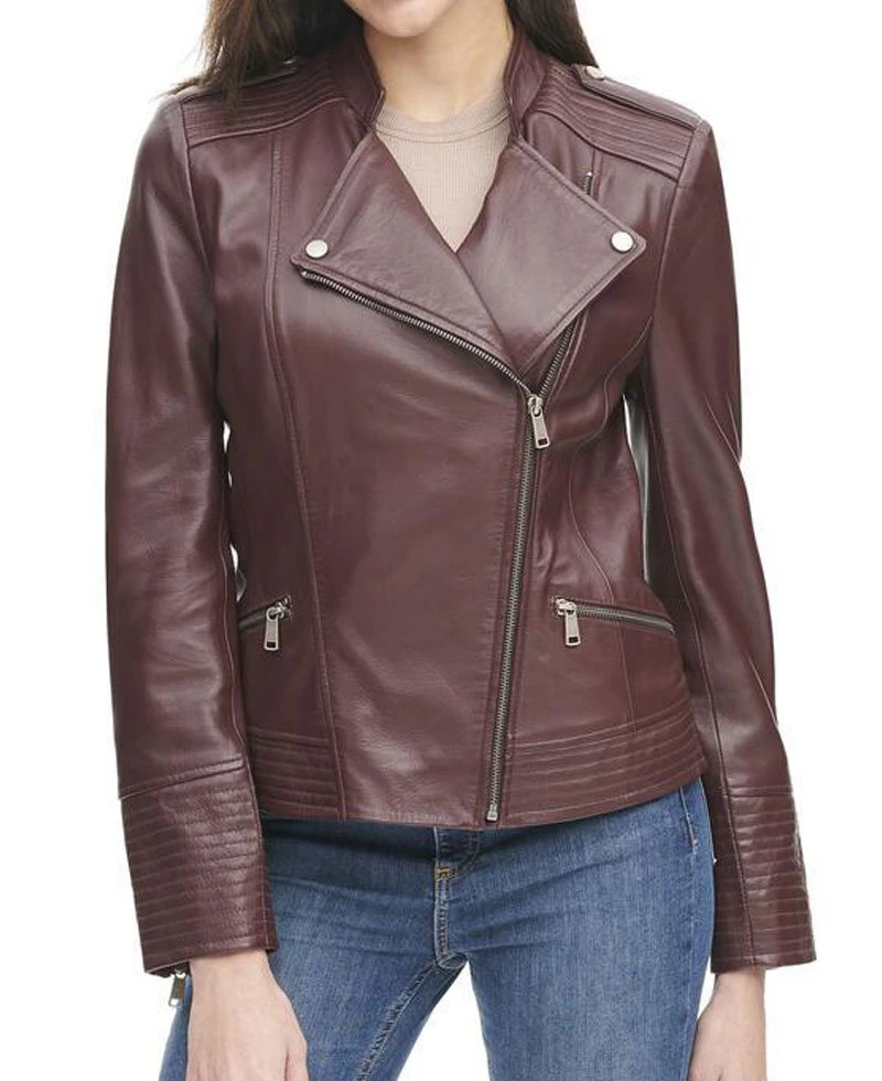Women's Quilted Design Asymmetrical Burgundy Leather Jacket - Image 2