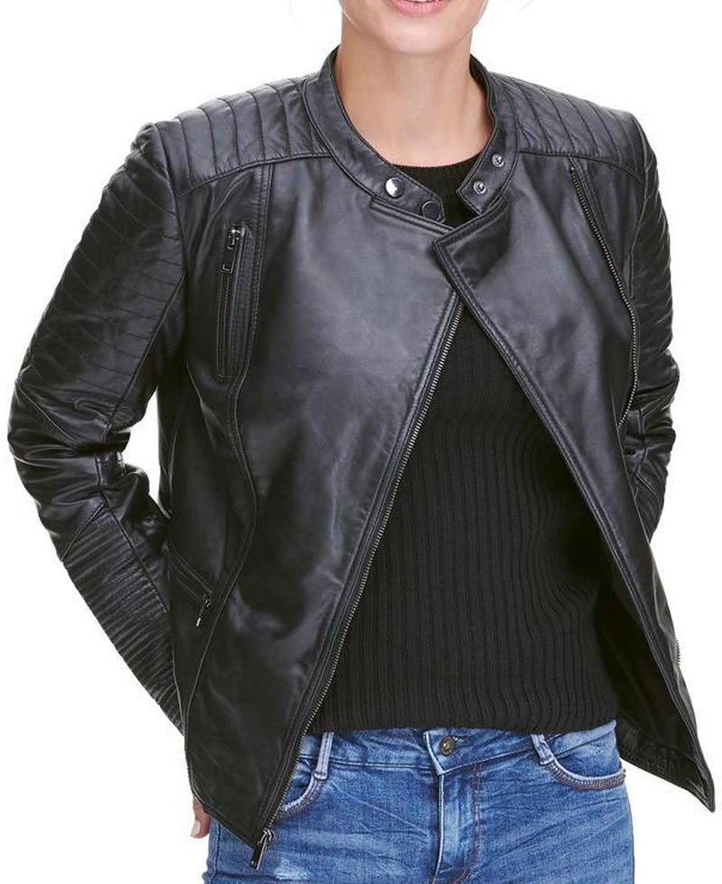Womens Quilted Design Biker Asymmetrical Black Leather Jacket - Image 2