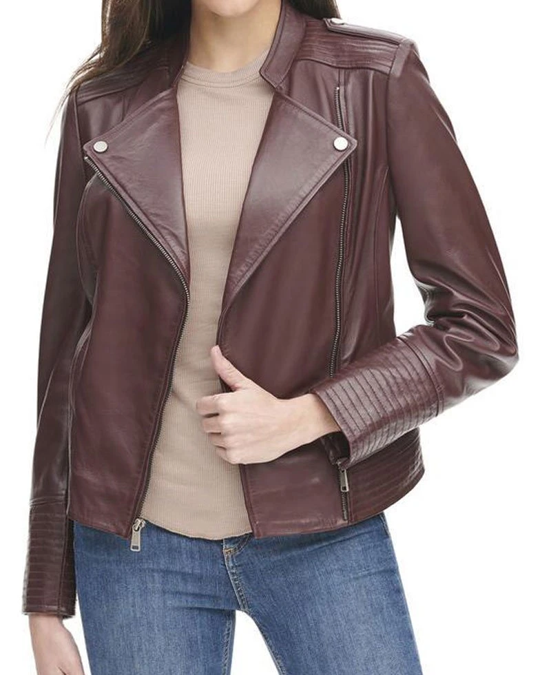 Women's Quilted Design Asymmetrical Burgundy Leather Jacket - Image 3