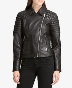 Women's Quilted Shoulder Black Leather Moto Jacket