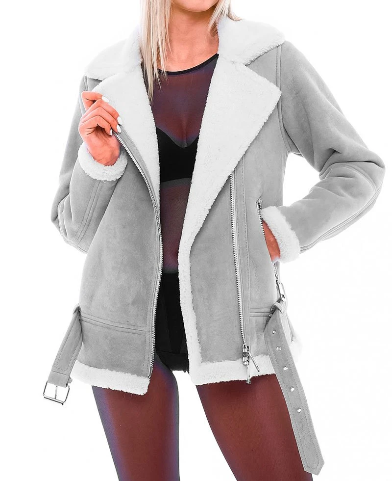 Women's WFJ301 Suede Asymmetrical Zipper Shearling Grey Jacket - Image 2