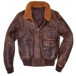 Men's G-1 US Navy Distressed Brown Leather Bomber Jacket - Image 2