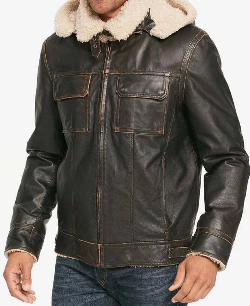 Men's Casual Waxed Brown Leather Jacket With Removable Hoodie - Image 3