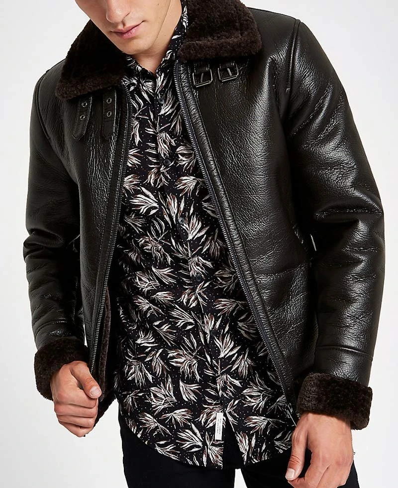 Men's Bomber Buckle Collar Dark Brown Leather Aviator Jacket - Image 3