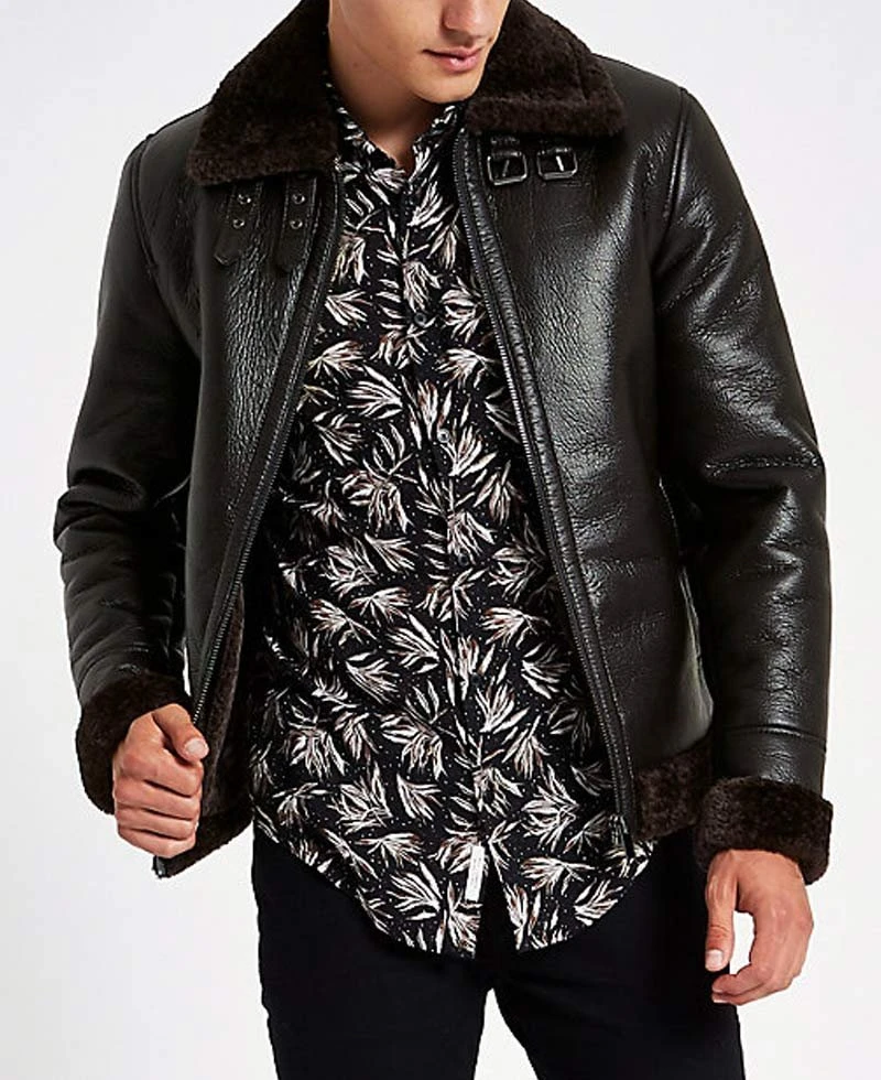 Men's Bomber Buckle Collar Dark Brown Leather Aviator Jacket - Image 2