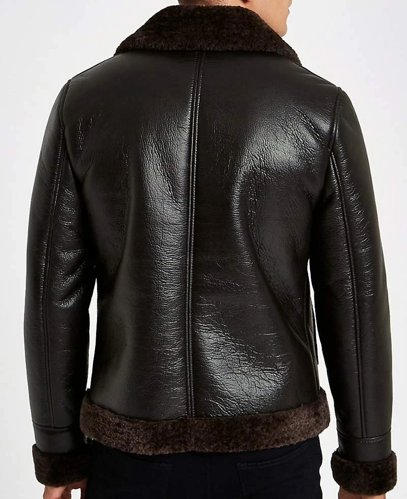 Men's Bomber Buckle Collar Dark Brown Leather Aviator Jacket - Image 5