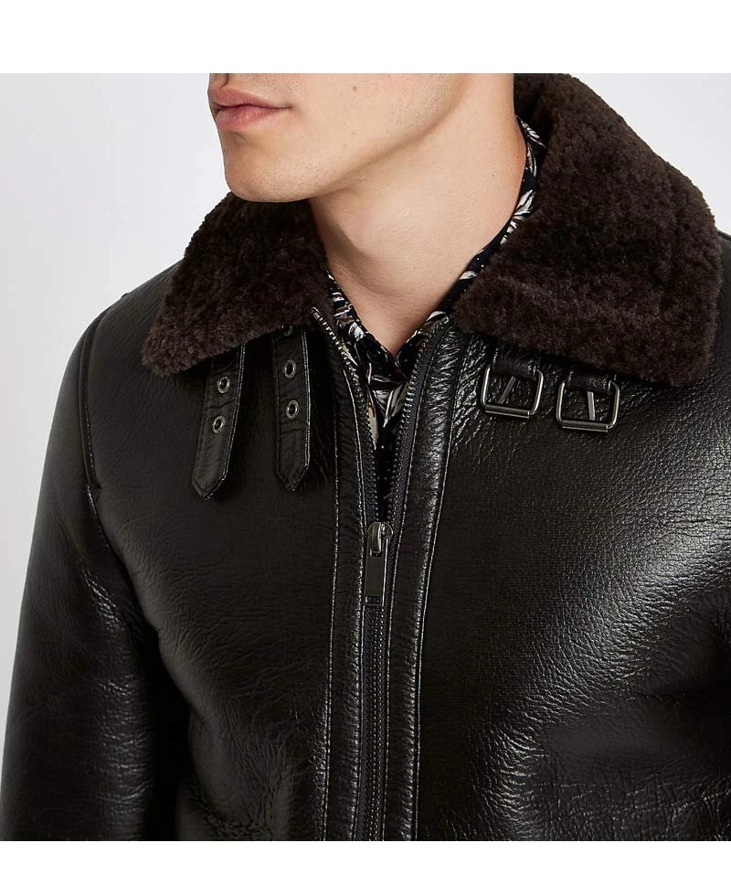 Men's Bomber Buckle Collar Dark Brown Leather Aviator Jacket - Image 4