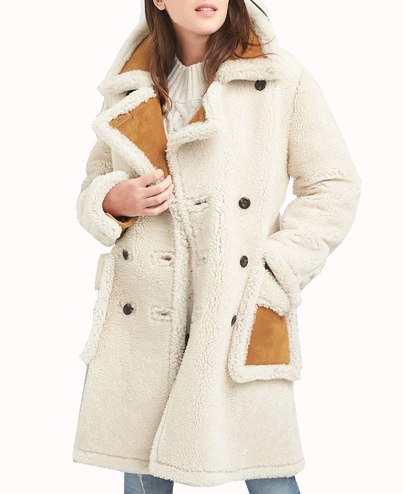 Women's Double Breasted Shearling White Coat - Image 2