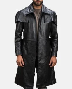 Men's Army Black Cow Hide Leather Duster