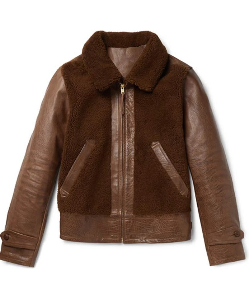 Men's Faux Shearling Brown Leather Jacket With Fur Collar - Image 3
