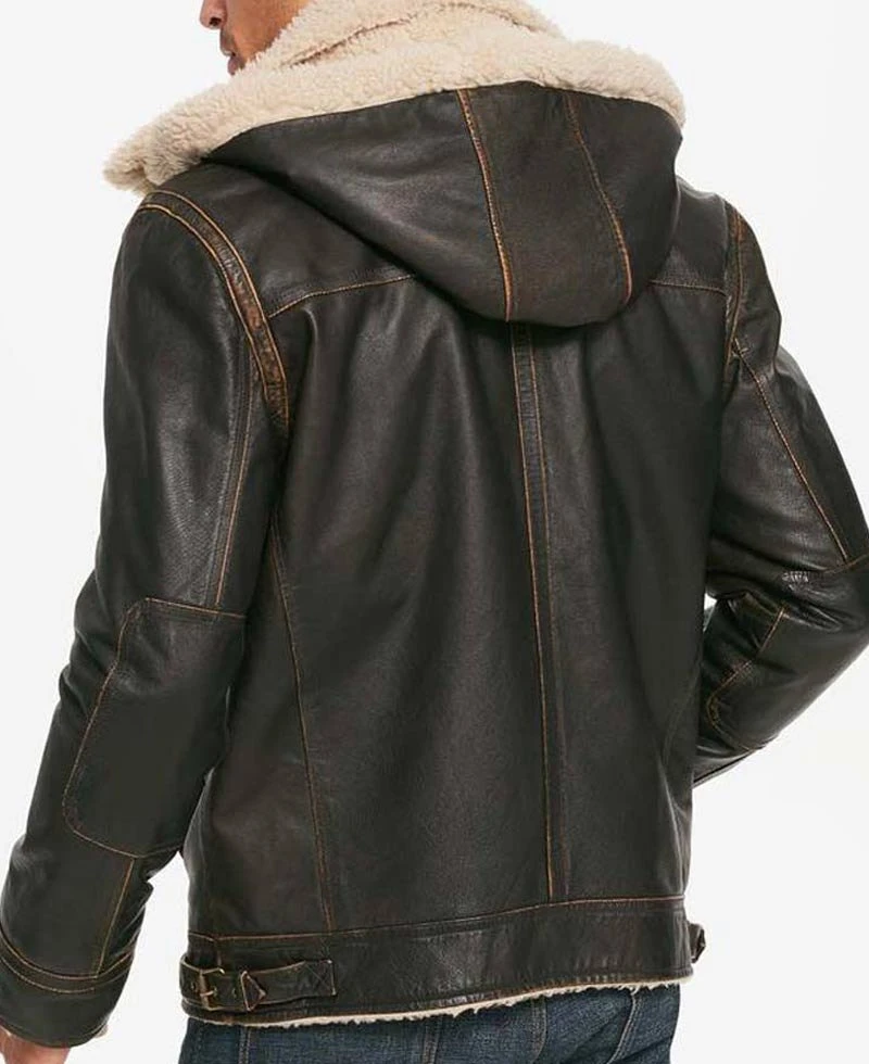 Men's Casual Waxed Brown Leather Jacket With Removable Hoodie - Image 2