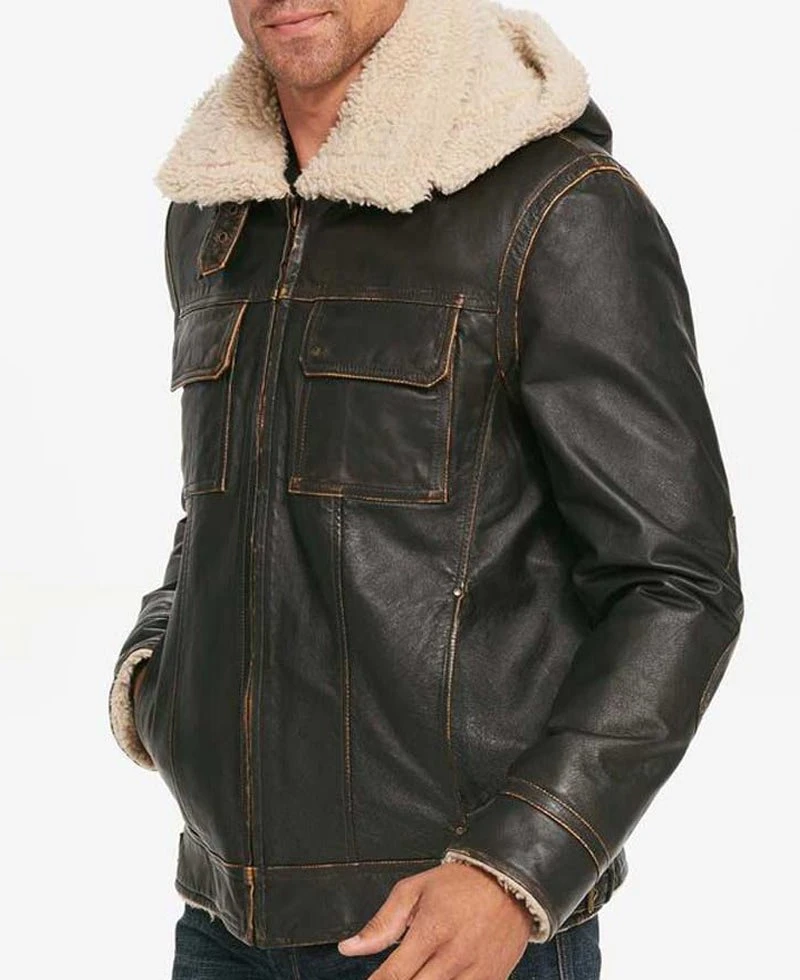 Men's Casual Waxed Brown Leather Jacket With Removable Hoodie - Image 4