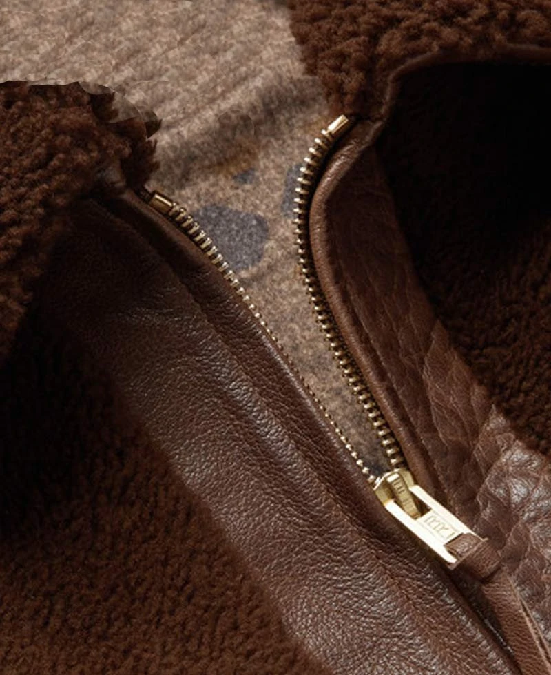 Men's Faux Shearling Brown Leather Jacket With Fur Collar - Image 4