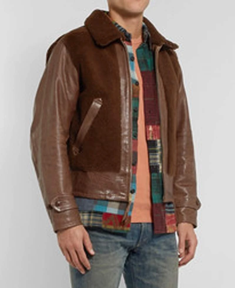 Men's Faux Shearling Brown Leather Jacket With Fur Collar - Image 2