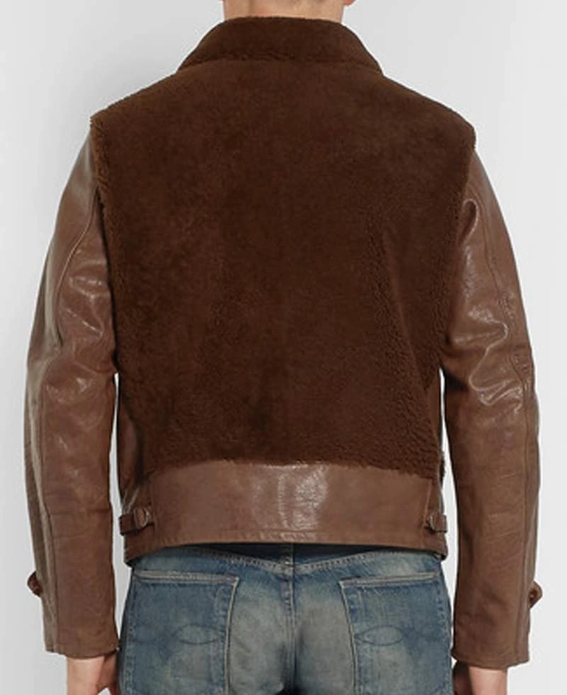 Men's Faux Shearling Brown Leather Jacket With Fur Collar - Image 7