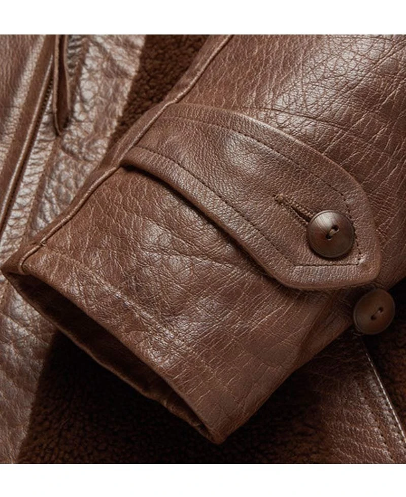 Men's Faux Shearling Brown Leather Jacket With Fur Collar - Image 5