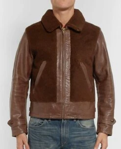 Men's Faux Shearling Brown Leather Jacket With Fur Collar