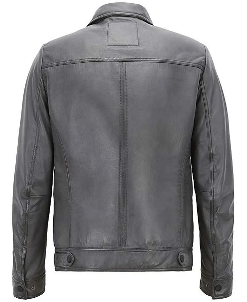Men's Slim Fit Trucker Grey Leather Jacket - Image 2